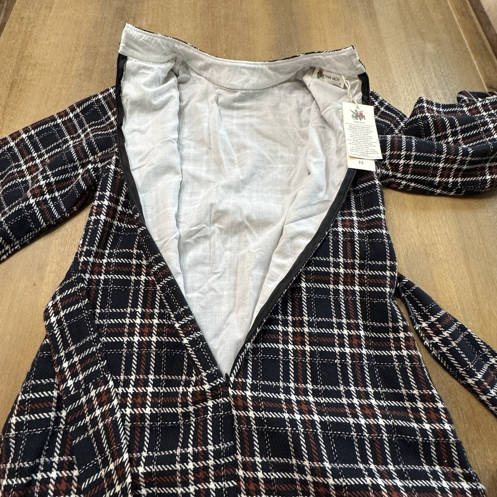 Fanm Mon Layla Tweed Mini Dress Size Small Mock Neck Blue Plaid Embroidered - Picture 11 of 15